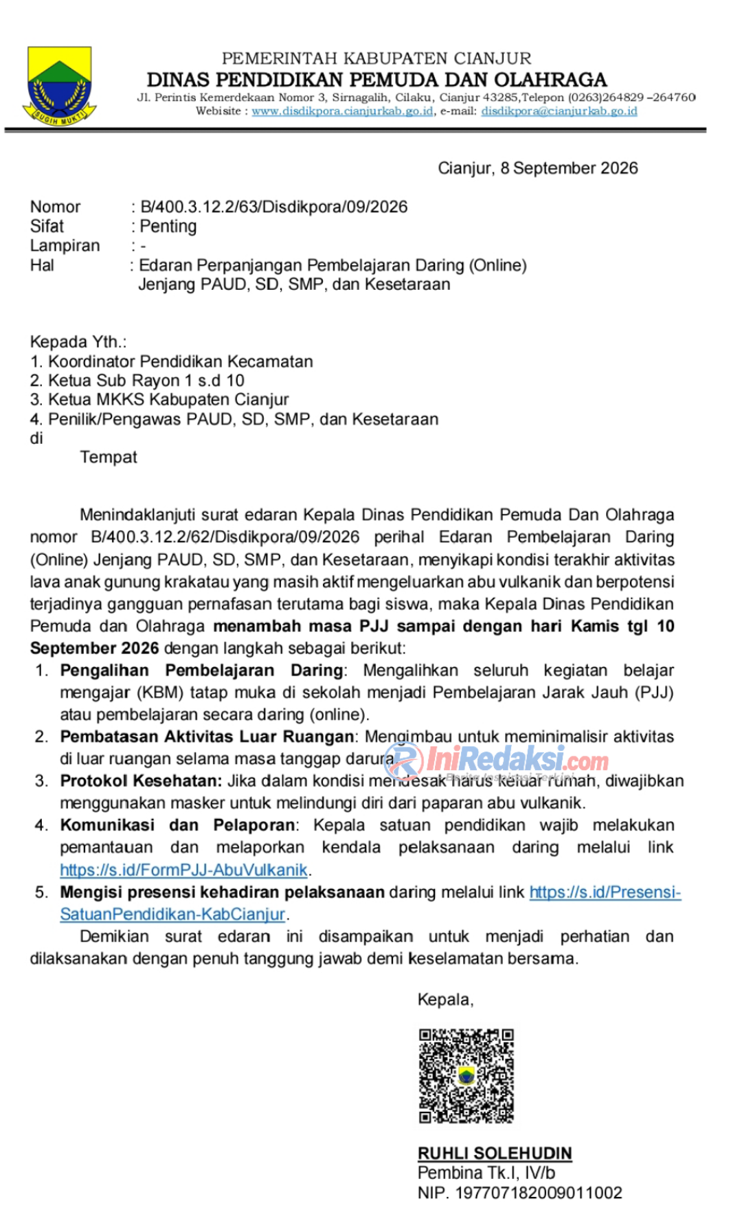 Tangkapan Layar Surat Edaran Disdikpora Cianjur