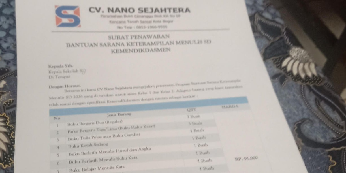 Surat Penawaran beredar dikalangan sekolah dasar dari salah satu CV asal bogor (ist)
